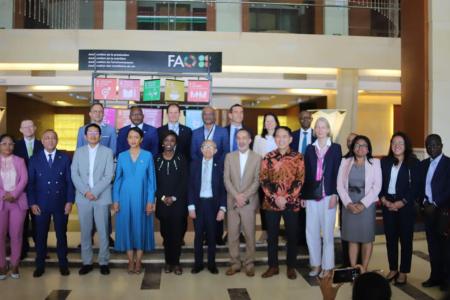 Photo de groupe avec les membres du Gouvernement, les PTFs et le SNU sous le lead du Coordonnatrice résidente a.i. 